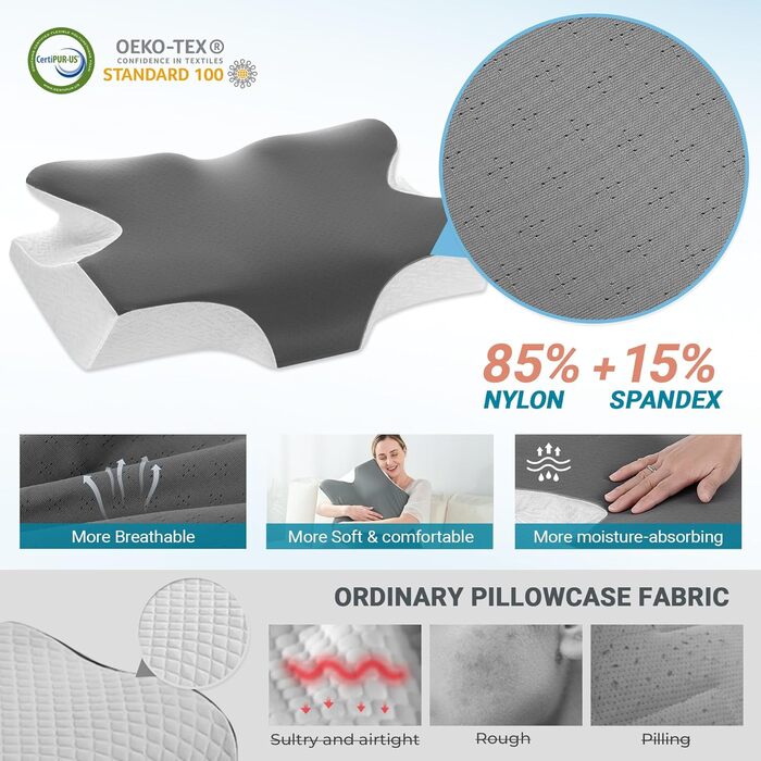 Ортопедична подушка Elviros з Memory Foam, ергономічна підтримка шиї для тих, хто спить на боці, спині та животі, знімний чохол, темно-сіра