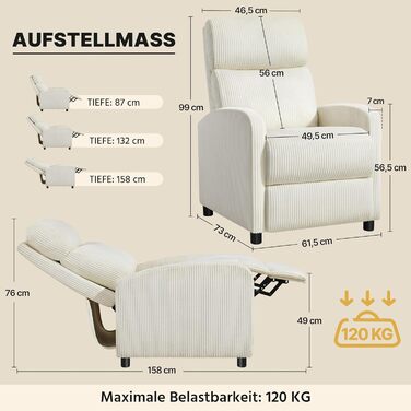 Крісло-релакс Yaheetech для телевізора, крісло-софа, крісло для відпочинку з регульованою підніжкою, лежак з бежевої тканини Cord