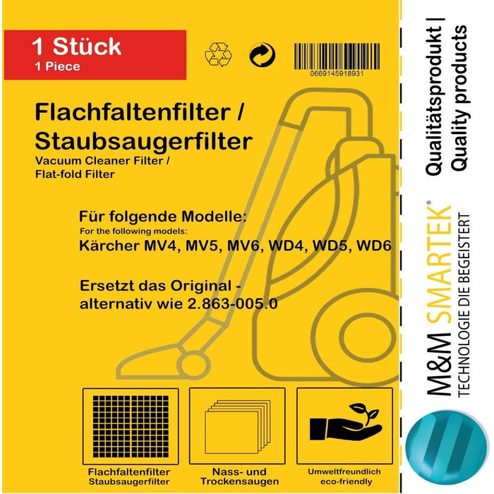 Плоский фільтр для KRCHER - замінює оригінальні фільтри типу 2.863-005.0 для MV 4 5 6 P Premium (WD6, WD 6 Premium, 2 фільтра) WD6, WD 6 Premium 2 фільтри, 1-10 шт.