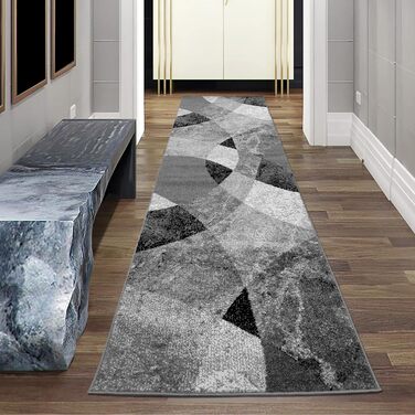 Сучасний килим для вітальні Abstract Waves Diamond Design Marbled in - Easy Care Size (80 x 300 см, Black Grey)