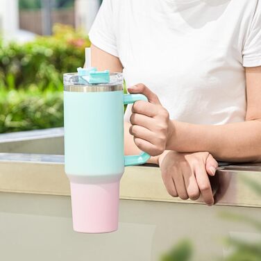 Термокружка FECBK з трубочкою та ручкою 1,2L, 100% захист від протікання, нержавіюча сталь, вакуумна ізоляція, тримає 12 годин гарячим / 34 години холодним, Gepard (Bubble Gum)