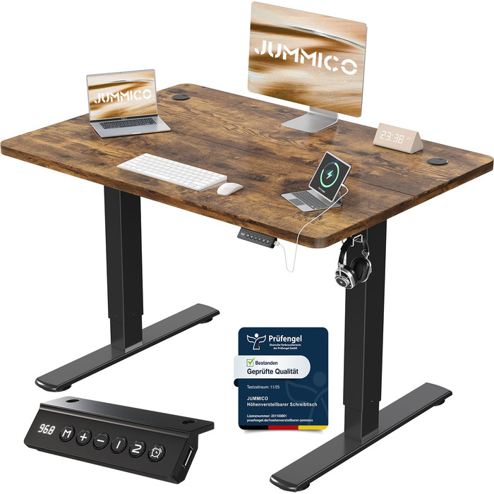 Електричний стіл JUMMICO 100x60 см з USB-портом для зарядки, регулювання висоти, коричневий