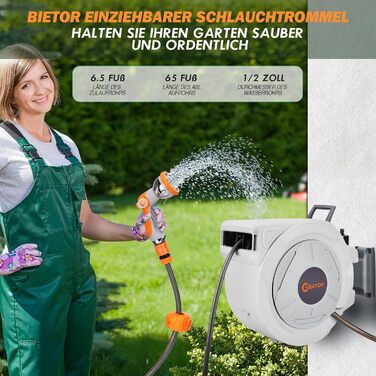 Висувна касетна система для садового шланга 20м + 2м з пістолетом, повільний зворотний механізм, фіксація будь-якої довжини, поворотна кріплення 180°