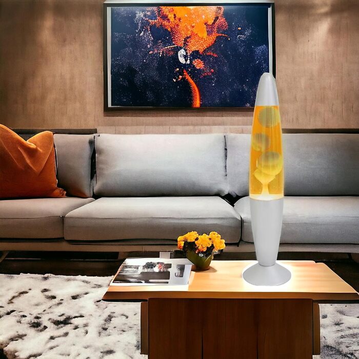 КРУТІ ПОДАРУНКИ Настільна лампа лава, 35 см з вимикачем, включає лампочку E14, плазмові лампи, магму, кольорові медузи (жовто-білі)