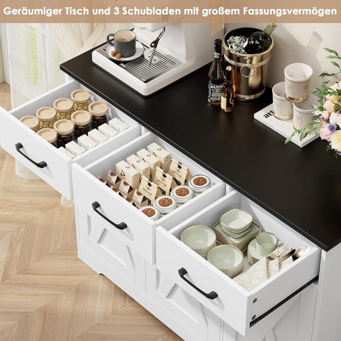 Сервант HOCSOK з 3 шухлядами та 3 дверцятами для кухні, буфет з робочою поверхнею, для вітальні, їдальні, з дерева, білий & коричневий (білий & чорний)