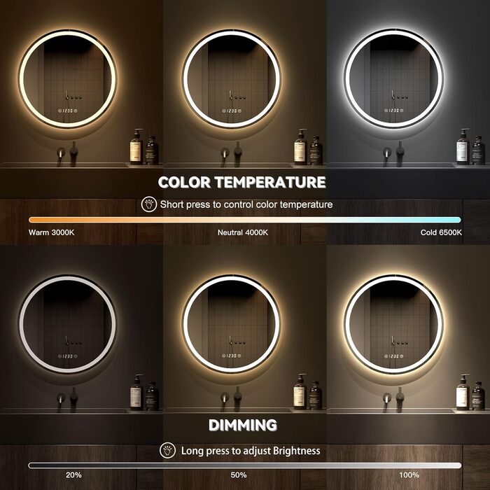 Дзеркало для ванної кімнати Dripex круглої форми з підсвічуванням LED, сенсорне керування, регулювання яскравості, 3 кольори світла, запобігання запотіванню, 50x50 см