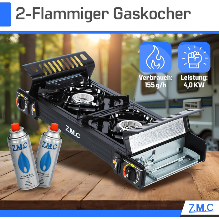 Преміум газовий набір для кемпінгу ZMC з 2 конфорками, 2,5 кВт, Piezo-запалювання, валіза для транспортування. Ідеально для відпочинку на природі, балкону та дому. Включає гриль-плиту 45×24 см та 227г газові картриджі.