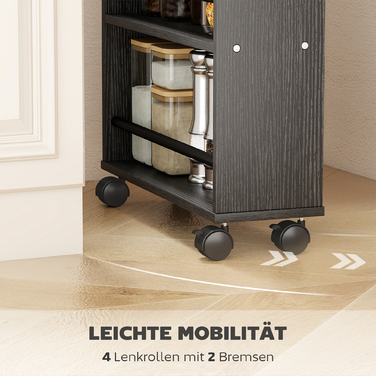 Багатофункціональна полиця на колесах, вузький дизайн, 4 відділення, 45x15x91 см, Чорний