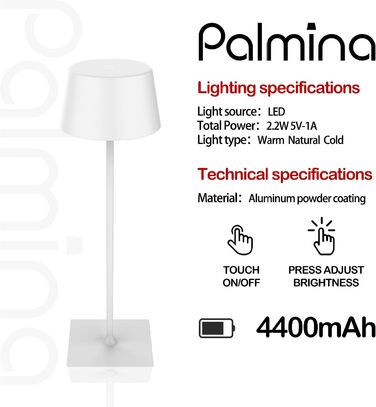 LED настільна лампа Palmina 842 з димуванням, акумулятор 4400mAh, IP54, для дому та саду, 1 шт. (білий)