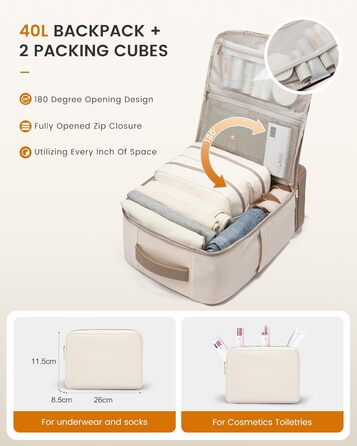 LOVEVOOK Рюкзак для ручної поклажі 40L з окремим відділенням для взуття, жіночий, великий, з вологостійким відділенням, рюкзак-валіза для подорожей (3 шт., Бежевий, Хакі)