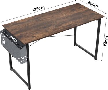 Письмовий стіл, комп'ютерний стіл з тримачем для навушників і сумкою для зберігання, стійкий робочий стіл, промисловий дизайн, стіл для ПК, невеликий офісний стіл, офісний стіл для дому, офіс (135 x 60 x 74 см, коричневий)