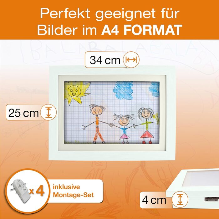 BALA® Преміум рамки для фотографій - 2 шт. A4, для дитячих малюнків та творчих робіт, з фронтальною відкриваністю та кріпленням для підвішування/ставлення, вміщують 120+ зображень (Білий)