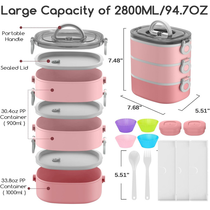 Штабельований, 3-шаровий, 2,7 л, герметичний, безпечний для харчових продуктів, включаючи аксесуари, рожевий