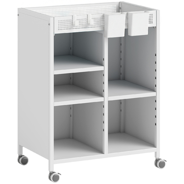 Мобильна полиця для книг на коліщатках, 4 яруси, регульовані полиці та підвісні кошики для домашнього офісу та вітальні, білий