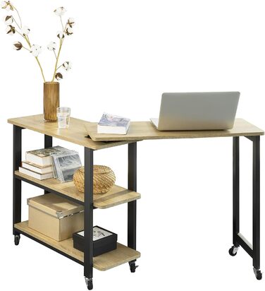 Подібний приставний столик з 2 полицями Диванний стіл з коліщатками Журнальний столик Кутовий стіл Комп'ютерний стіл Робочий стіл Промисловий дизайн BHT приблизно 133x69x30см Натуральний, 83-N L-