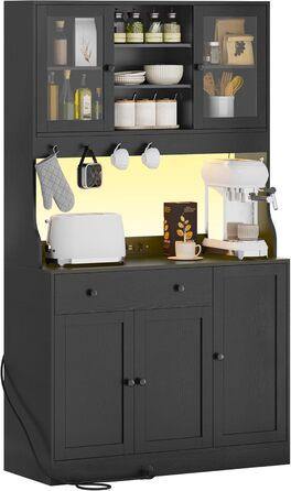 Чорний кухонний шафка з робочою поверхнею, буфет з LED-підсвіткою, розеткою, ящиками та регульованими полицями (103.5 x 40 x 180 см)