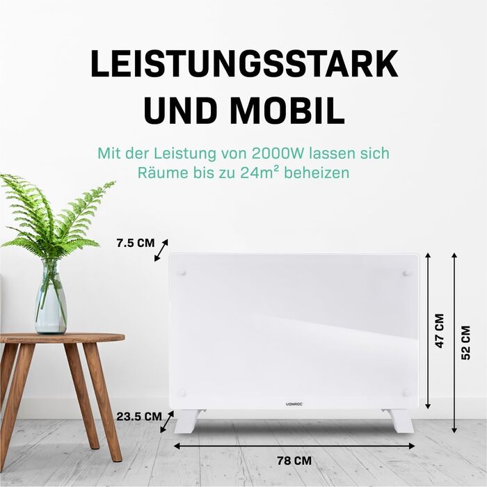 Електричний конвекторний обігрівач VONROC 2000W - для кімнат до 24м² - настінний/підлоговий монтаж - ручне/APP керування, білий