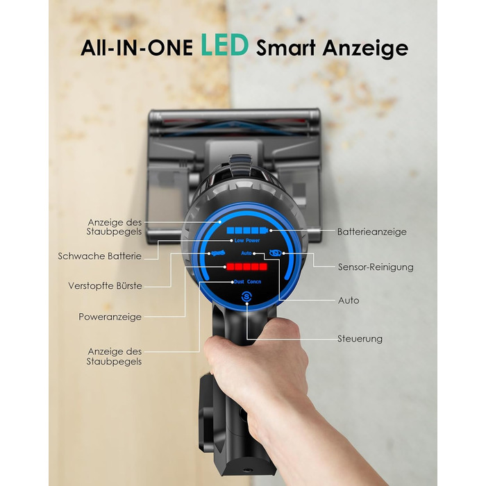 Акумуляторний пилосос з функцією миття підлоги, 45000Pa/550W/60 Min, безщітковий двигун, LED-дисплей, самостійна парковка, для твердих поверхонь, килимів та шерсті тварин, блакитний