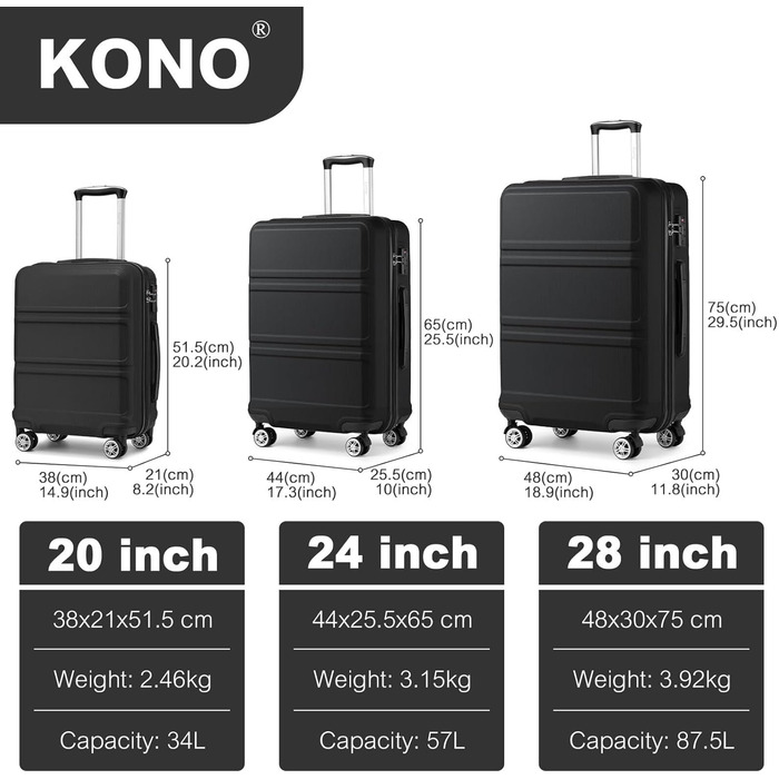 Чемодан KONO 24 дюйми, ABS, з TSA-замком, 4 колеса, 65×44×25.5 см, чорний, 3-частинний набір