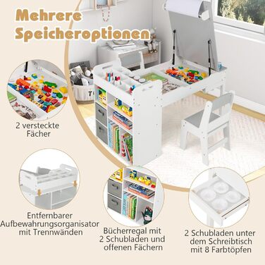 Детский стол Dreamade 3 в 1 с 2 стульями из дерева, стол для рисования с откидной столешницей и 2 тканевыми ящиками, детский столик-сидячая группа с хранением для детской комнаты (с 7 отделениями)