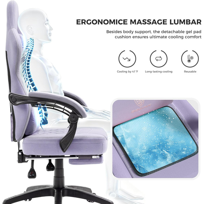 Ігровий крісло Dowinx з тканини та кишеньковим пружинним сидінням, крісло для геймерів з масажем та підголівником, ергономічне гоночне ігрове крісло з підніжкою, висувна підніжка (фіолетовий, висувна підніжка)