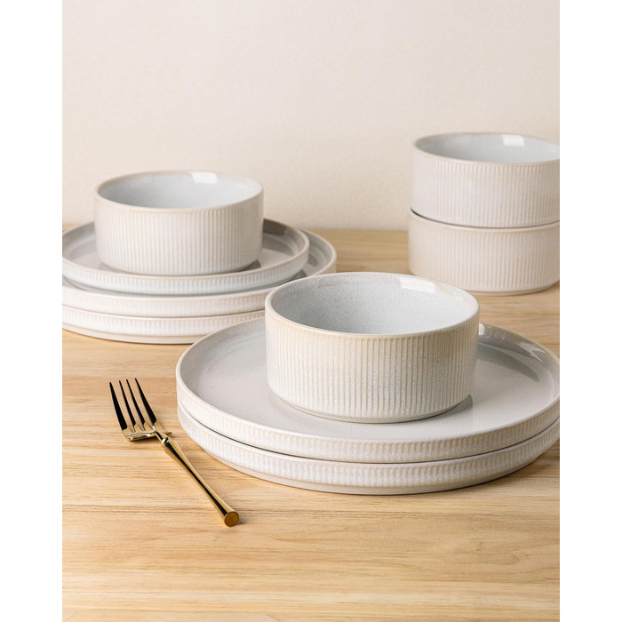 Набір посуду GBhome з каменю, 12 предметів, для 4 осіб, ручна робота, реактивна глазур, безпечний для мікрохвильової печі та посудомийної машини, включає тарілки та миски (Бежевий)