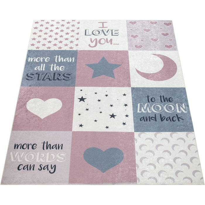 Домашній килим Paco для дитячої кімнати, сердечка, що миються для дівчаток, зірки, місяць, рожевий, сірий, Розмір 180x280 см