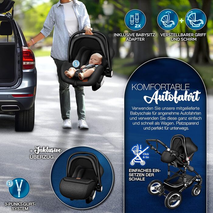 Дитяча коляска KIDUKU® 3 в 1 XXL Комплект | Комбінована коляска з люлькою, прогулянковим блоком та автокріслом. В комплекті: сумка для пеленання, підставка для ніг, грілка для рук, дощовик, столик для дитини. Колеса з повним покриттям, ECE R129 (Чорний / 