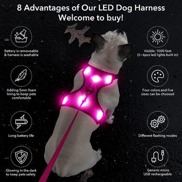 Світлодіодна шлейка для собак YFbrite, заряджається від USB, світловідбиваюча, регульована, дихаюча (рожева, маленька)