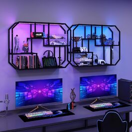 Підвісні полиці YU YUSING з RGB підсвічуванням 7 кольорів, геймерські полиці з 8 гачками, полиці для демонстрації, настінна вітрина з 2 скляними полицями, підвісна вітрина для спальні, кухні, бару, ігрової кімнати, шестигранна (чорний колір)