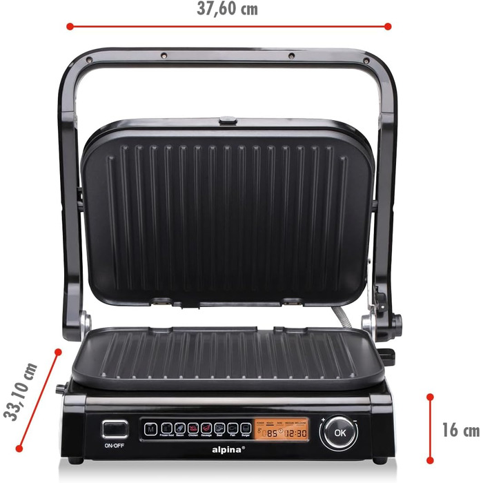 Контактний гриль Alpina Optigrill 2100W: гриль для сендвічів, паніні та овочів з антипригарним покриттям та інтелектуальним режимом приготування