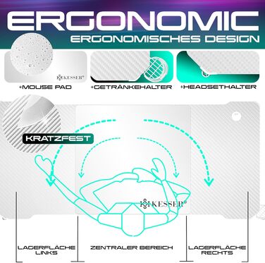 Ігровий стіл KESSER® LED 160x60 см | З-подібний стіл для геймерів | Тримач для навушників & вуглецеве покриття | Ергономічний стіл для ПК | Стабільний стіл з підстаканником, білий