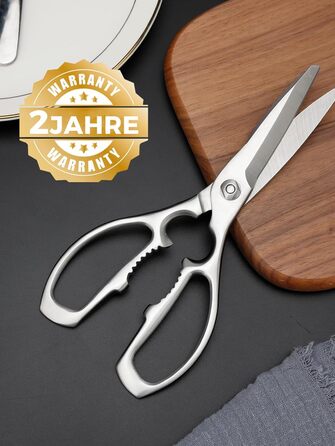 Кухонні ножиці важкі – з нержавіючої сталі 3Cr14, міцні для м'яса, птиці та овочів, з відкривачем пляшок, придатні для миття в посудомийній машині, 22,8 см, 5 років гарантії, сріблястого кольору