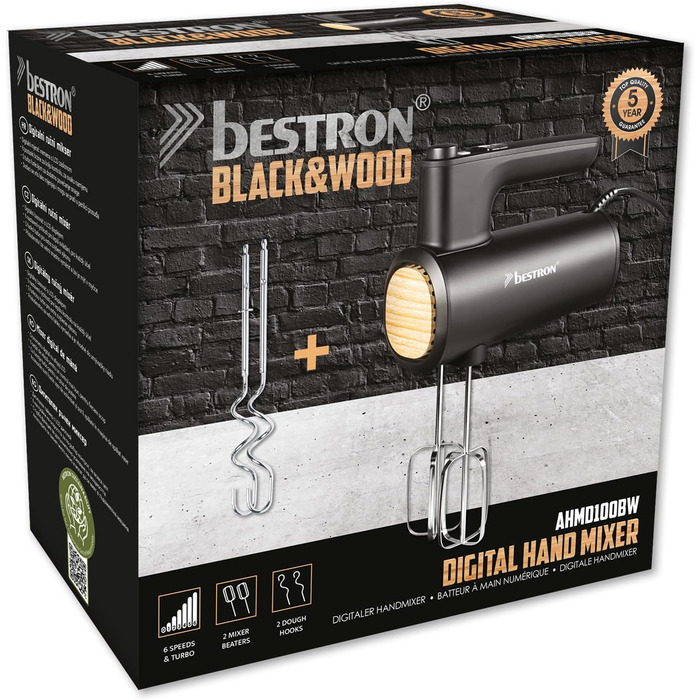 Міксер ручний Bestron Power з 6 швидкостями, Turbo-функцією та LCD-дисплеєм. В комплекті: 2 вінчики та 2 гачки для тіста. Вага: 1 кг, колір: чорний/дерево