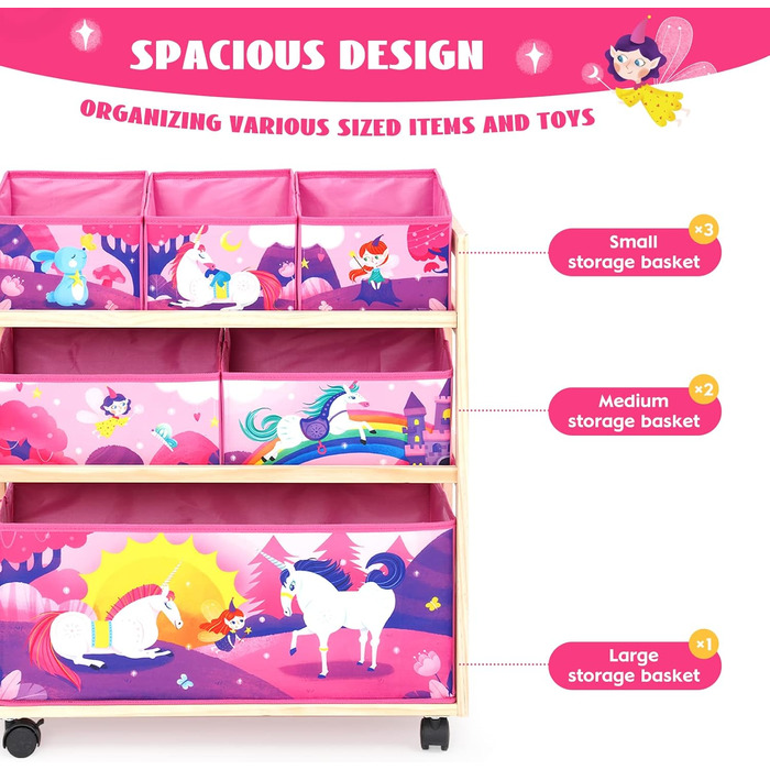 Органайзер для іграшок HOMCENT з колесами та 6 контейнерами великої місткості для дитячої кімнати, дівчачої кімнати