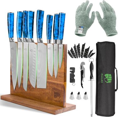 Японський набір ножів Fullhi 15 предметів з магнітним підставкою, з високоякісної сталі, ергономічні ручки з харчового пластику, для професійної та домашньої кухні