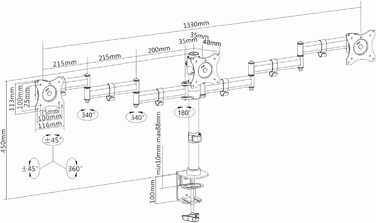 Кріплення для монітора PureMounts для 3 моніторів, 17-32 дюйми, до 8 кг, VESA 75/100, 360° обертання, регулювання висоти та нахилу, чорний