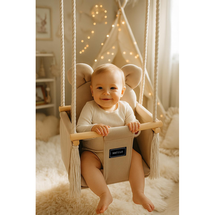 Дитяча гойдалка для дому та вулиці | Bär Light Beige Velvet | Гойдалка для малюків | Дерев'яна гойдалка для дітей | Гойдалка для дверного отвору