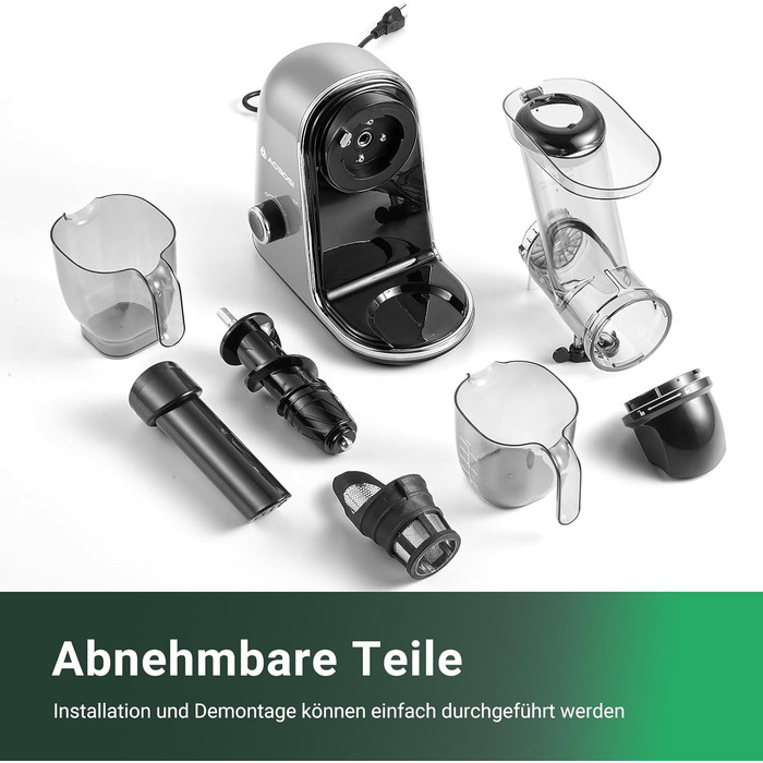 Електричний соковитискач AOBOSI Slow Juicer з 2 швидкостями, для овочів та фруктів, з 8-ступеневою спіраллю, щіткою для очищення та 2 чашами, функція реверсу, сірий