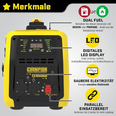 Генератор Champion 8200i-E-DF-EU: бензин/газ, 2000 Вт, інверторний, LED-дисплей, тихий, Dual Fuel