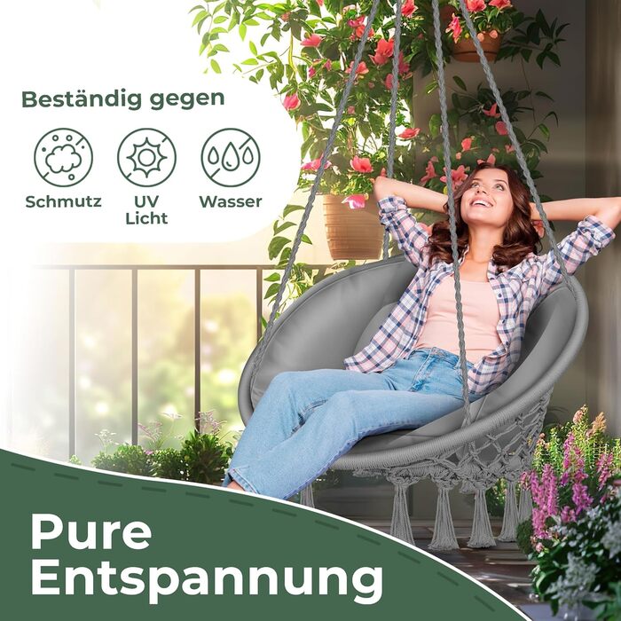 Крісло-гойдалка KESSER® з подушкою - крісло-гойдалка для дорослих та дітей, до 150 кг, для дому та саду, сіре