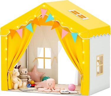 Дитяче намет-будиночок EROMMY 2-в-1 з килимком, прапорцями та світлодіодними смугами, з двома дверцятами, з даховим віконцем, для дому, від 3 років (Жовтий)