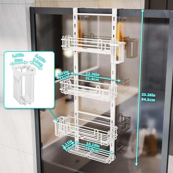 Настінна поличка для душу HapiRm з 22 гачками та 2 тримачами для зубних щіток - 4 яруси, білий