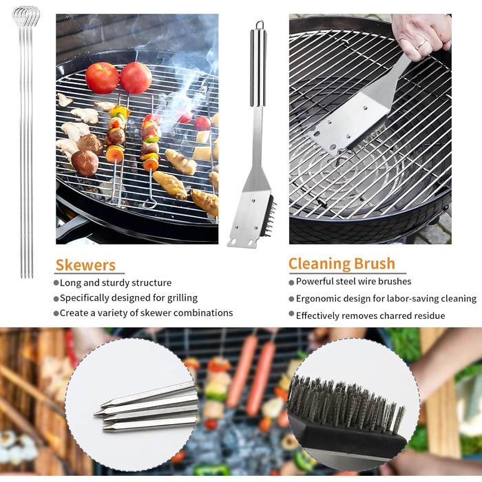 Набір гриль-посуду, 28 предметів, нержавіюча сталь, професійний аксесуар для грилю з сумкою, подарунок на день народження/Новий рік для чоловіків, для саду та кемпінгу, BBQ (срібний)