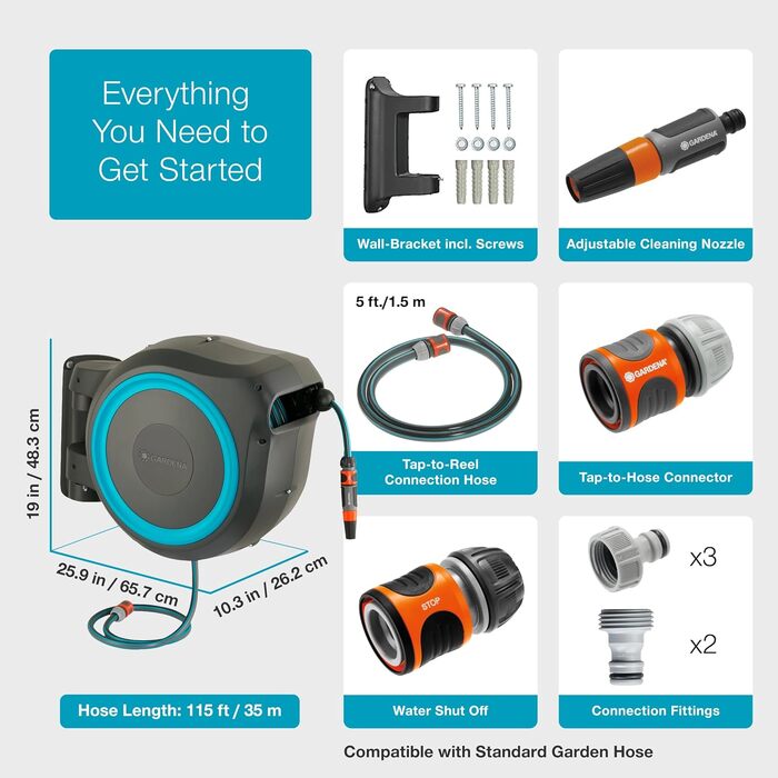 Гардена котушка для шланга на стіну, втягувана, 35 м, чорно-бірюзова