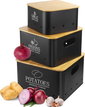 Набір контейнерів для зберігання картоплі, цибулі та часнику (3 шт.) з бамбуковим кришками - зберігає овочі свіжими. Чорний колір