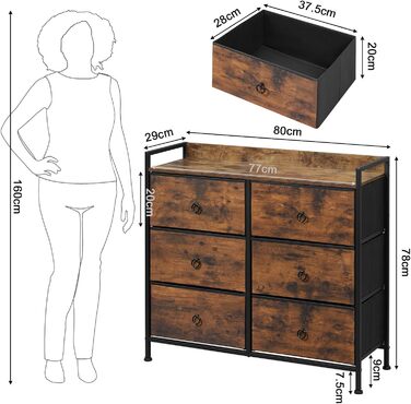 Комод з 6 шухлядами для тканини, металевий каркас, індустріальний стиль, вінтажний коричневий чорний, SSK010shm