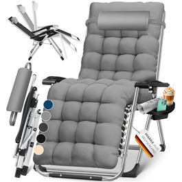 Шезлонг KESSER® для саду, розкладний, вологостійкий, 200 кг, з подушкою, регульована спинка, підголовник та тримач для напоїв, сірий