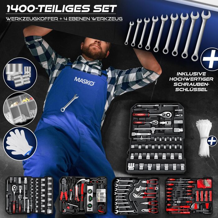Набір інструментів MASKO 1400 предметів в алюмінієвому кейсі на колесах для дому, авто та хобі - професійний візок для інструментів