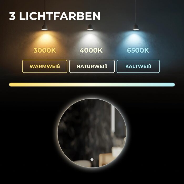 Дзеркало для ванної кімнати BR Bringer LED Round 80см з підсвічуванням, антизапарюванням, димуванням, 3 кольори світла, сенсорне управління та функція пам'яті (BRRS201)